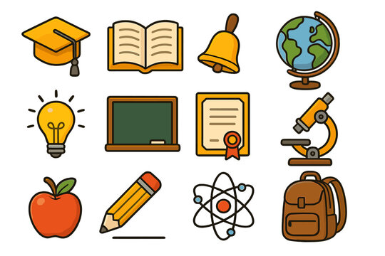 Education icon collection for back to school. Vector cartoon set with academic symbols like graduation cap, book, globe, microscope, science atom, and diploma. Isolated flat design.