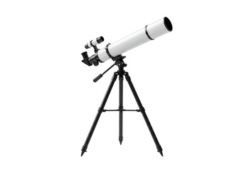 White refracting telescope on tripod transparent background