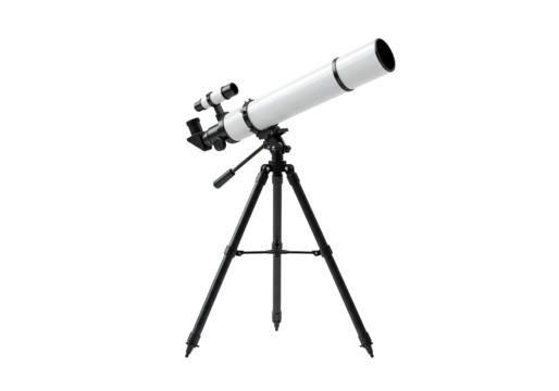 White refracting telescope on tripod transparent background