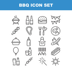 Minimalistic Line Art BBQ Grill and Party Icon Collection Set