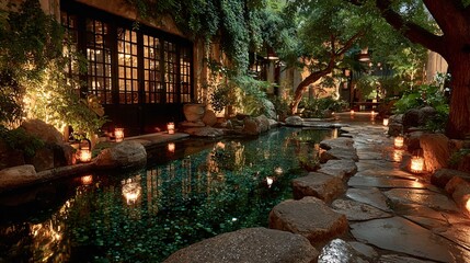 Obraz premium Serene Garden Pathway with Water Reflection and Soft Lighting