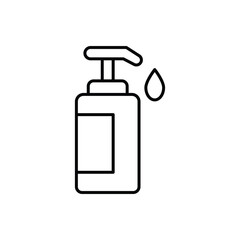 Black line art depicts a hand sanitizer bottle with a pump dispenser and a droplet A rectangular label is on the bottle. Editable stroke. Icon vector illustration