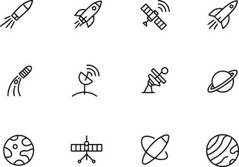 Fototapeta premium Collection of hand drawn space icons including rockets planets and satellites