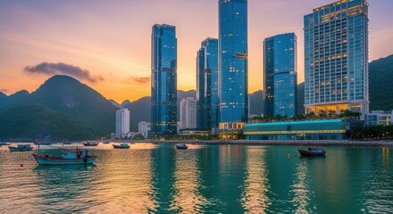 Obraz premium Breathtaking cityscape of Ha Long Bay at sunset, showcasing modern architecture and tranquil