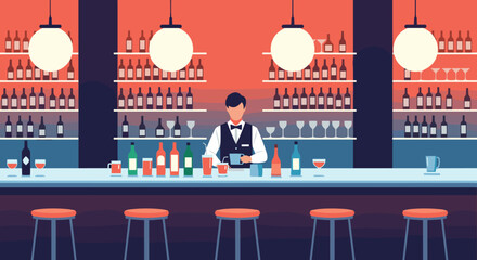 Modern bar scene with bartender mixing drinks behind a well stocked counter