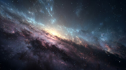 Expansive cosmic scene of a galaxy with stars and colorful nebulae in deep space. Perfect for astronomy, sci-fi, or space-themed designs.