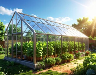 Fototapeta premium Eco-Friendly Modern Greenhouse with Glass Panels and Sunlit Vegetables