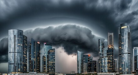 Dramatic skyline with towering skyscrapers under ominous storm clouds cityscape