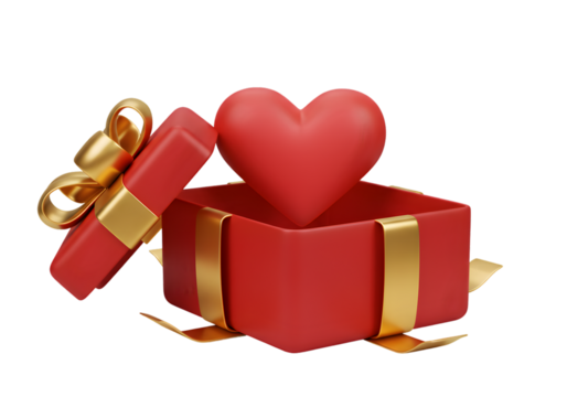 3D Render of Red Gift Box with Gold Ribbon and Heart Isolated on Black Background