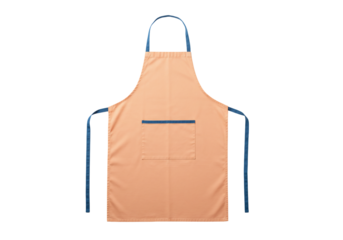 Peach colored apron with blue straps and pocket isolated on transparent background