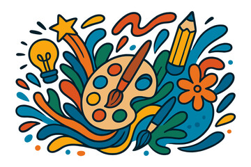 Creativity and artistic expression concept. Colorful abstract vector illustration with art supplies like paint palette, brush and pencil. Idea and imagination doodle background.