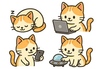 Cute cat character set. Kawaii kitty collection with funny pets sleeping, using laptop and phone, playing with UFO. Cartoon animal mascot for stickers. Vector illustration.