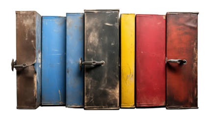 Old binders in blue, yellow, and red hues stacked office stationery illustration on white background