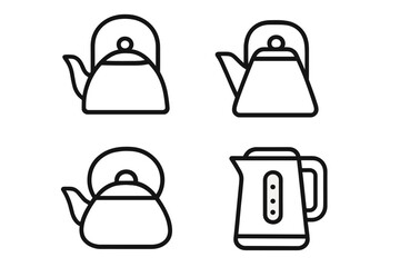 Set of kettle icons. Minimalist outline collection of stovetop and electric kettles. Vector line art illustration for kitchen appliance, teapot, and hot drinks concept.