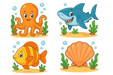 Cute sea animals vector set. Cartoon marine life collection. Underwater characters illustration. Funny octopus, shark, tropical fish and seashell for kids design element.
