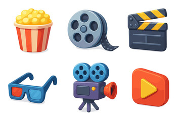 3D cinema icons set for media design. Movie elements for film production concept. Vector illustration. Popcorn, film reel, clapperboard, 3d glasses, camera, play button symbols.
