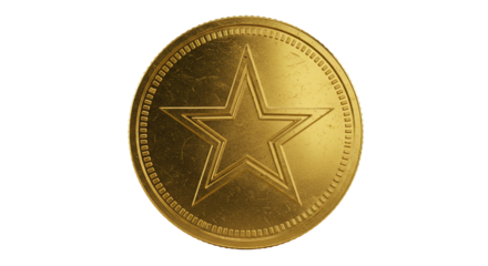 Gold coin with star metallic texture circular design transparent background