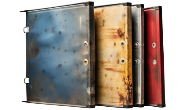 Old binders in blue, yellow, and red hues stacked office stationery illustration on white background