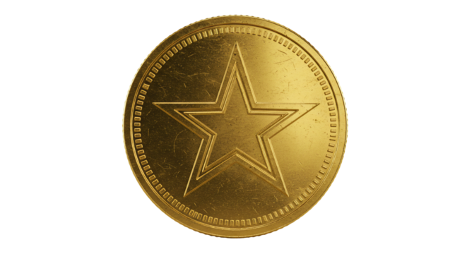Gold coin with star metallic texture circular design transparent background