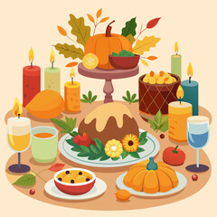 Thanksgiving table arrangement with pumpkin, cake, candles, and wine glasses in a cozy and festive setting