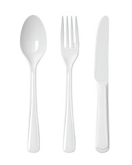 White plastic cutlery set.  Spoon, fork, and knife.  Simple,  modern design