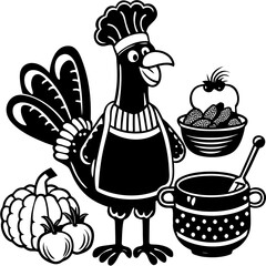 A cartoon rooster wearing a chefs hat and apron, surrounded by autumn harvest items