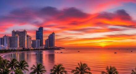 Spectacular sunrise over the ocean illuminating the skyline of a modern city with palm trees