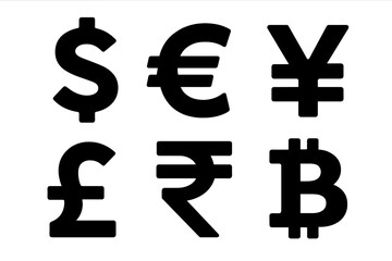 Global currency symbols set. Black vector icons of major world currencies: Dollar, Euro, Pound, Yen, Rupee, and Bitcoin. Finance, money exchange, and business concept.