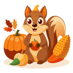 A cute cartoon squirrel holding a pumpkin surrounded by autumn harvest items