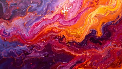 Fototapeta premium Closeup of colorful swirling paint texture with vibrant hues of purple, pink, and orange, showcasing fluid art