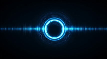 Futuristic neon background of blue glowing sound waves in radial pattern. Audio waveform visualization with circular neon lights, perfect for music and tech designs.