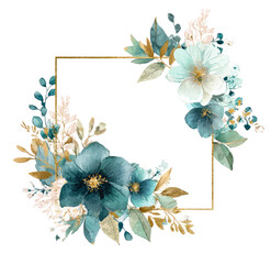 Delicate floral wreath in teal and gold tones, framed by a square border