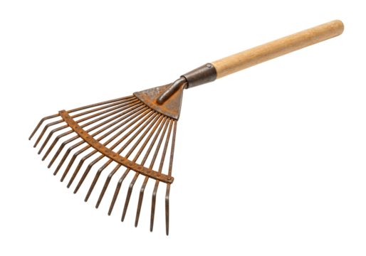 Rusty metal garden rake with wooden handle isolated on transparent background