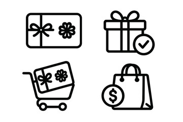 Minimalist Gift Card and Shopping Icons Set. Vector Illustration of Gift Vouchers, Reward Certificate, Shopping Bag, Present Box, Cart, Retail Payment and E-Commerce Symbols Isolated Transparent
