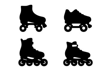 Obraz premium Roller skates and inline skates vector icon set. Collection of different skate silhouettes. Quad skate and rollerblade graphic symbols for sport, hobby, and active lifestyle.