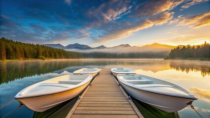 Fototapeta premium Sunrise kayaking in Alps over calm lake, wooden dock and white rowboat reflect under golden cloud and mist, peaceful mood invites quiet adventure