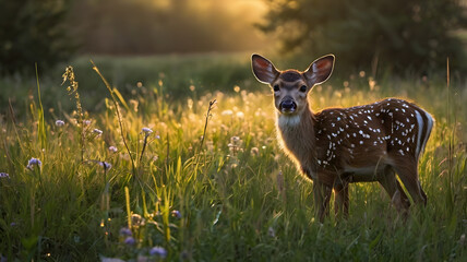 Fawn Deer in Morning Meadow As the first golden light of dawn spills over a dew-soaked meadow