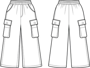 Flat vector technical drawing of wide-leg cargo pants with elastic waistband and flap pockets, fashion cad sketch for design