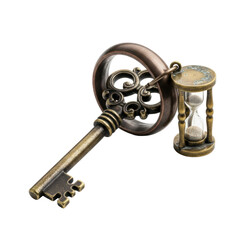 Obraz premium Tarnished bronze vintage skeleton key, intricate handle, copper ring, brass hourglass charm with sand, on transparent studio backdrop, soft lighting. Concept of timelessness and mystery