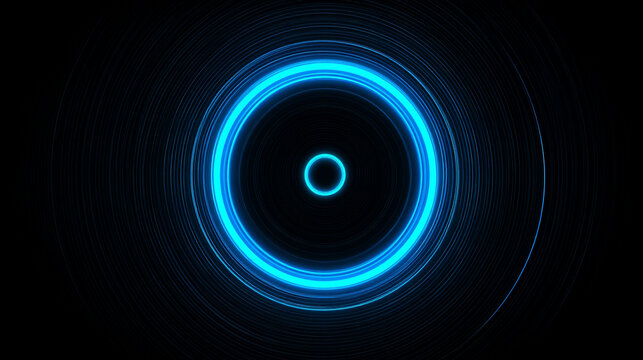 Futuristic neon background of blue glowing sound waves in radial pattern. Audio waveform visualization with circular neon lights, perfect for music and tech designs.