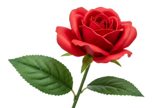 Single red rose with green leaves on transparent background
