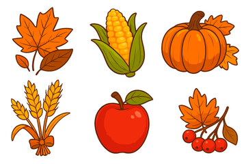 Fall harvest vector icon set with autumn leaves, corn, pumpkin, wheat, apple, and berries. Cartoon clip art collection. Thanksgiving seasonal food illustration for design.