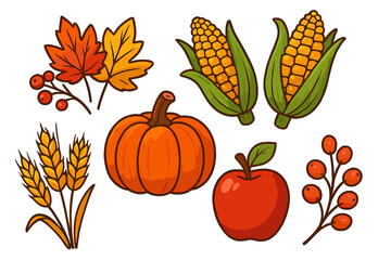 Autumn harvest vector icon set. Fall food collection with pumpkin, corn, apple, wheat, maple leaf, berries. Thanksgiving cartoon clipart illustration for design elements.