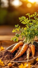 Freshly harvested carrots lie in rich dark soil under golden sunlight, earthy autumn setting perfect for a fall banner with farm-to-table copy space
