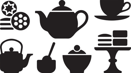 Tea Time Icons Collection Vector Illustration Silhouette on Transparent Background