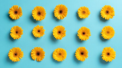 Yellow gerbera flowers arranged in an artistic pattern against a rich blue background.