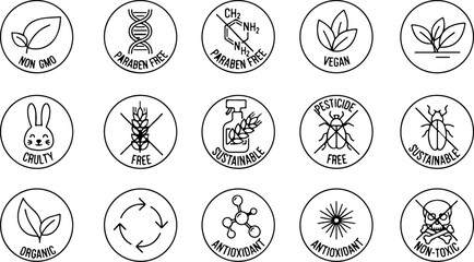 Set of eco product labels: Non GMO, paraben free, vegan, cruelty free and more