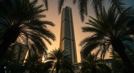 Dramatic skyscraper framed by palm trees against a warm sunset skyline view