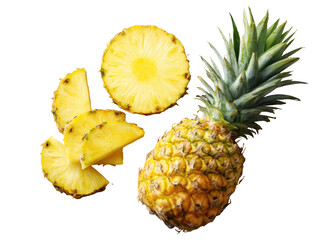 Fresh pineapple slices and whole pineapple.  A ripe, golden yellow pineapple with a crown of green leaves is centered.  Slices, cut in varying angles, are arranged around the pineapple.  