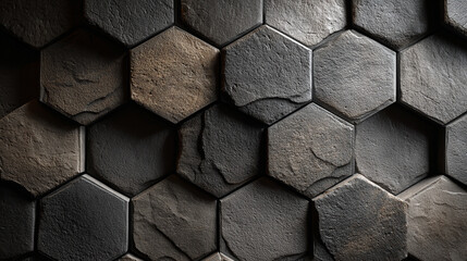 Close-up of glimmering grey hexagon stone texture. Geometric pattern with reflective surface, ideal for modern design, architecture, and background visuals.